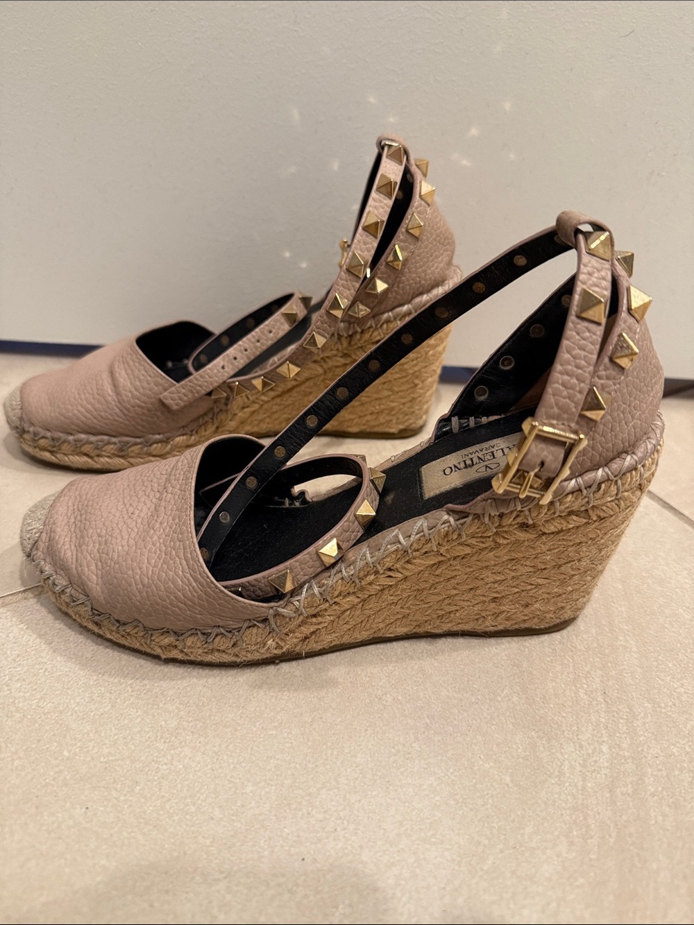 Valentino Garavani Pink Studded Espadrille Wedge Sandals